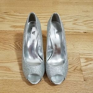 Glitter Silver Peep Toe Pumps